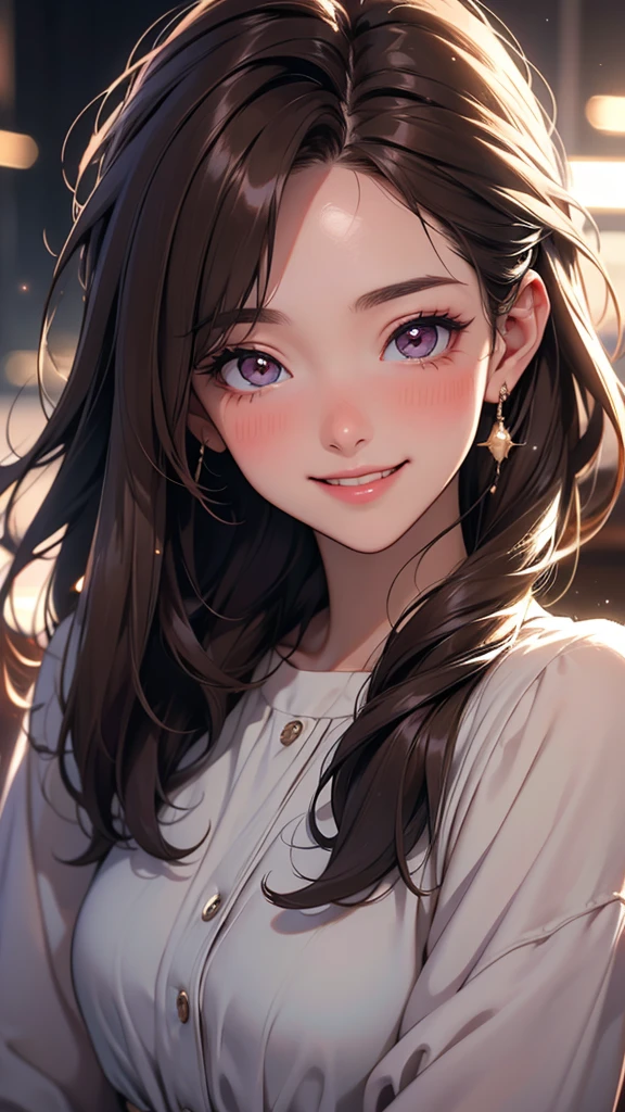 ((masterpiece)), Very detailed,(((ultra detailed face))),best quality, 8k, (柔Light), Light, 1 lady, facing the camera,brown hair, forehead,elegant, Comfortable, Clean and detailed anime art, Trending on artstart, rainbow colors, milky white,  illuminate warmly, (pink and white theme),big smile,sanctuary