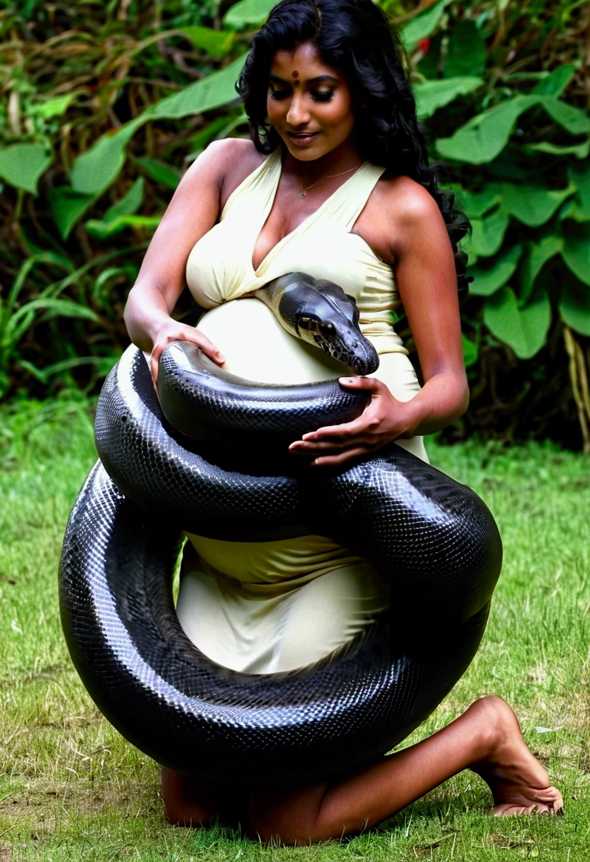 Pregnant Happy Horny, aroused 1girl), beautiful kneeling indian young teen girl  with  giant colossal black titanboa squeezing her hard, wrapped in thick spiraling coils, constricted, struggle, gasping for air, snake attack, snake peril 