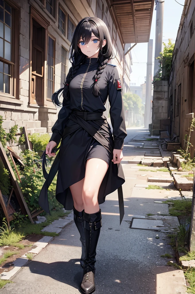 ((masterpiece)), (bestquality), ((ultra-detailed)), depth of field, (dynamic angle), (beautiful detailed blue eyes), 1woman, ((full body portrait)),((voluminous long black hair styled into one single long braid down to her waist)), tomboy, Walking through ruins, ((wearing a black military uhlan tunic)), perfect Body, medium bust, Apocalypse, looking into the distance, facing away,
