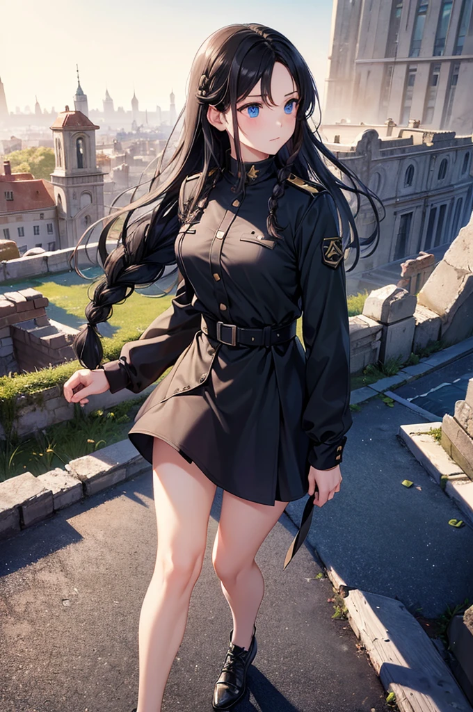 ((masterpiece)), (bestquality), ((ultra-detailed)), depth of field, (dynamic angle), (beautiful detailed blue eyes), 1woman, ((full body portrait)),((voluminous long black hair styled into one single long braid down to her waist)), tomboy, Walking through ruins, ((wearing a black military uhlan tunic)), perfect Body, medium bust, Apocalypse, looking into the distance, facing away,