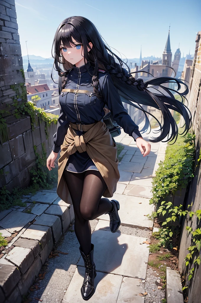 ((masterpiece)), (bestquality), ((ultra-detailed)), depth of field, (dynamic angle), (beautiful detailed blue eyes), 1woman, ((full body portrait)),((voluminous long black hair styled into one single long braid down to her waist)), tomboy, Walking through ruins, ((wearing a black military uhlan tunic)), perfect Body, medium bust, Apocalypse, looking into the distance, facing away,