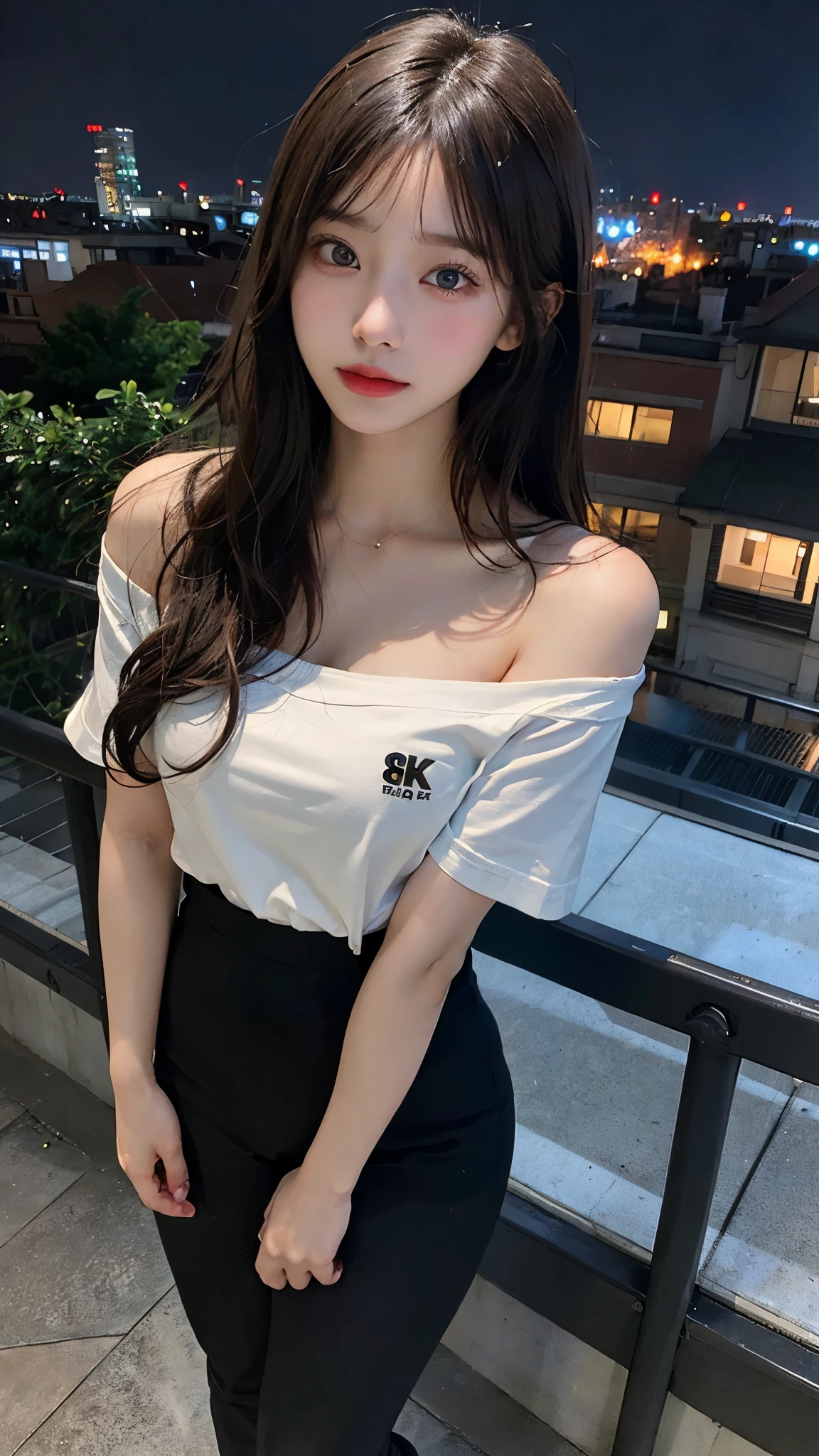 ((Midnight, Highest quality, 8K, masterpiece :1.3)), whole body, Long legs, Sharp focus :1.2, Beautiful woman with perfect figure :1.4, Slim Abs :1.1, ((Dark brown hair, Big Breasts :1.2)), (White tight T-shirt, Are standing:1.2), ((Night city view)), Highly detailed face and skin texture, Fine grain, double eyelid, sunset, Darken, Backlight, Off the shoulder