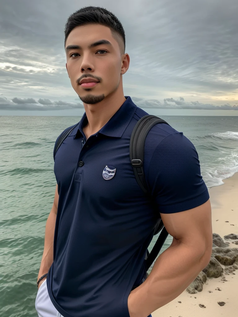 Tony Labrusca, Young man in a navy blue polo shirt Standing by the sea with an expression, looking into the distance Turn your head slightly.，Cloudy day, (Backpack:1.2)
