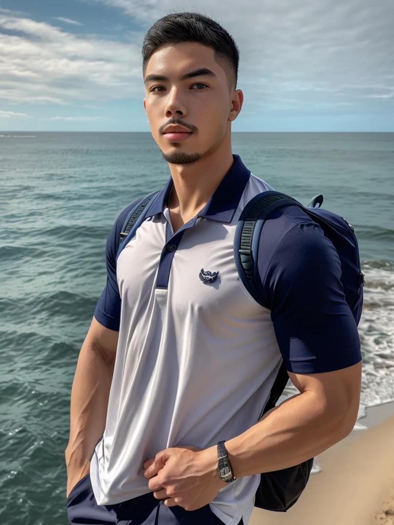 Tony Labrusca, Young man in a navy blue polo shirt Standing by the sea with an expression, looking into the distance Turn your head slightly.，Cloudy day, (Backpack:1.2)