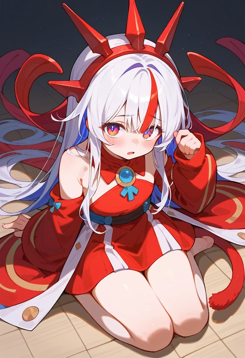 outfit-TMP, 1girl,  solo, long hair, tail,  blush, looking at viewer, open mouth, bangs,red sleeves,headgear,
closed_mouth
from,
outfit-TMP, bare shoulders,
streaked_hair,
masterpiece, best_quality, clear details,1girl, (wariza on_floor),
white_background,simple_background  