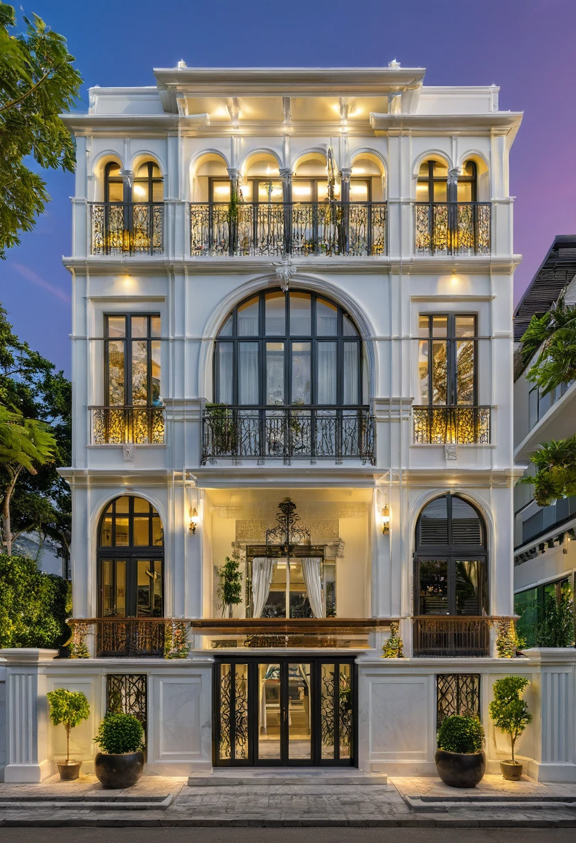 neo classical villa on street, (Twilight), tropical tree, vivid colour, streetcapes, white tone, white wall, large glass door, warm interior lighting, wood and marble, best quality, 20ArchiAI_XL_NeoTH-v2