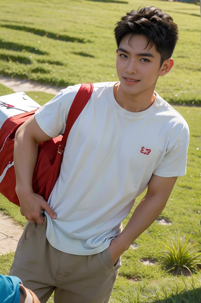 A handsome, muscular young Asian man looks at the camera. In a simple t-shirt white and red , Fieldside, grass, beach, sunlight, Carrying a camera, smiling