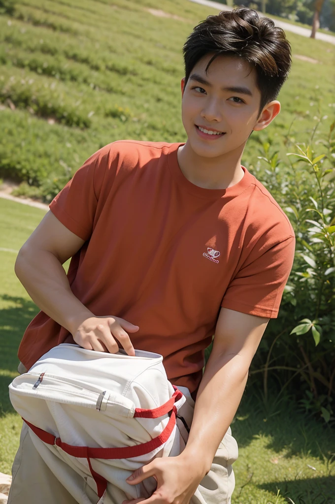A handsome, muscular young Asian man looks at the camera. In a simple t-shirt white and red , Fieldside, grass, beach, sunlight, Carrying a camera, smiling