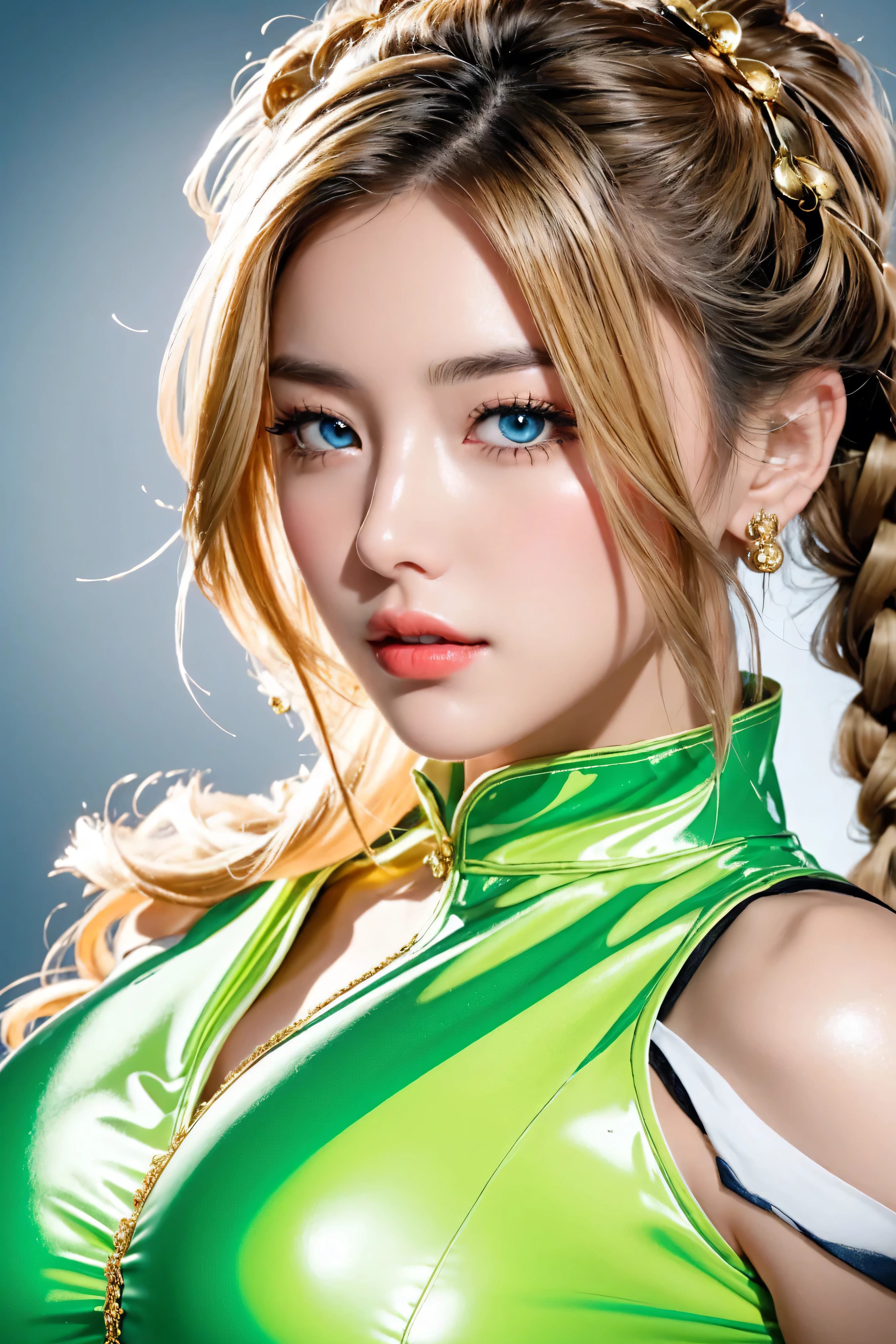 Here's the photorealistic masterpiece you requested: A close-up portrait of an extremely sexy Italian woman, dressed in a stunning lime green latex cheongsam and hyper-puffy yellow chain swimwear, with twintails blonde hair tied up in an intricate updo hairstyle. Her huge breasts are showcased perfectly as she gazes directly at the viewer with her piercing blue eyes, complete with eyeliner and painted lips. She's adorned with gold jewelry and has a fresh, very clean appearance. The lighting is cinematic, with dynamic shadows and a deep sense of intimacy. The background is blurred out to focus solely on the model's upper body, showcasing every detail in high-resolution 32k clarity.
