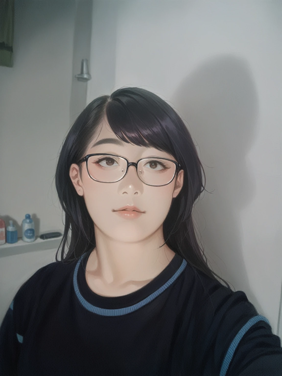 there is a young woman wear glasses standing in a bathroom, wenfei ye, Nam Jae-yeon, wear glasses, 8k selfie photo, Avatar Profile Picture, Very very low quality image, xintong chen, wear glasses, Anime girls in real life, Long hair, Have a precise face, Inspired by Kim Jong-hee, xision wu