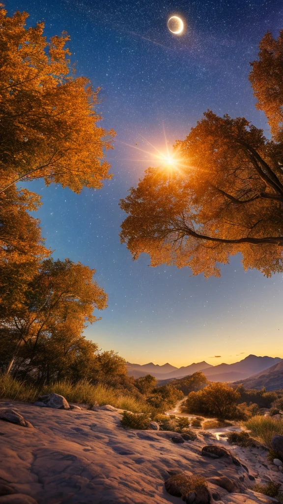 Expansive landscape photograph，（moon full：1.2），（Meteors：0.9），（Starcloud：1.3），Far Mountain, Tree BREAK  art，（Warm light source：1.2），（glowworm：1.2），lamp lights，Lots of purple and orange，Complicated details，Volumetriclighting，Realism BREAK（tmasterpiece：1.2），（best qualtiy），4K，Ultra-detailed，（dynamic compositions：1.4），The  very detailed，Colorful details，（Irridescent color：1.2），（luminouslighting，Atmospheric lighting），dream magical，magical，（solo：1.2），（（best qualtiy））， （（tmasterpiece））， （the detail：1.4），depth of fieldaximum definition and sharpness，perfectly proportionluttering clouds，Wallpapers