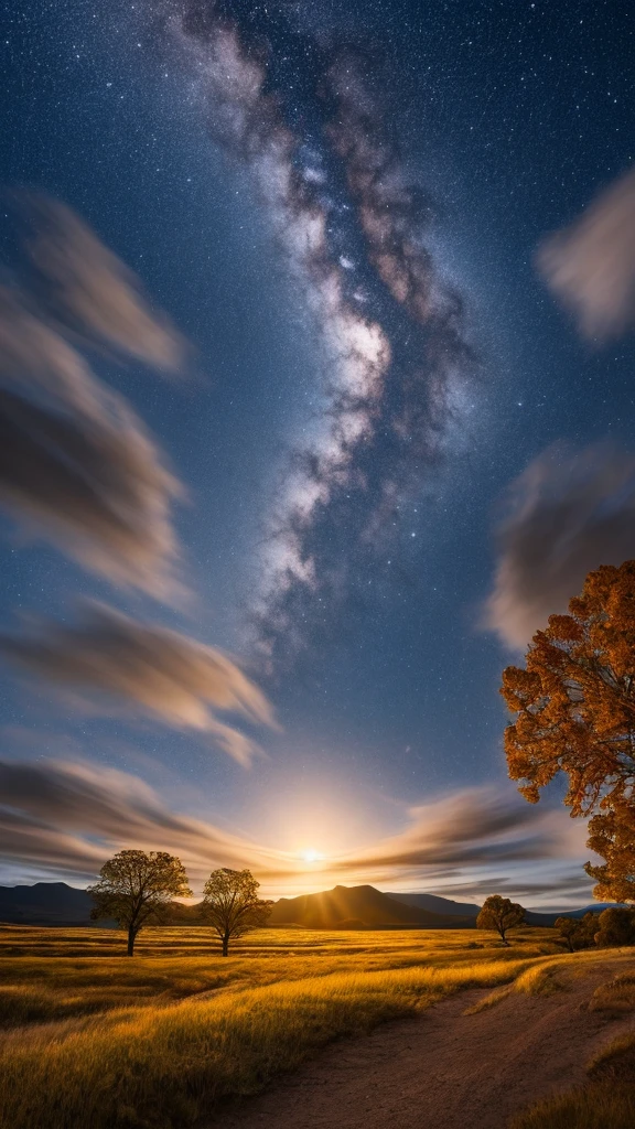 Expansive landscape photograph,(moon full:1.2),(Meteors:0.9),(Starcloud:1.3),Far Mountain, Tree BREAK art,(Warm light source:1.2),(glowworm:1.2),lamp lights,Lots of purple and orange,Complicated details,Volumetriclighting,Realism BREAK(tmasterpiece:1.2),(best qualtiy),4K,Ultra-detailed,(dynamic compositions:1.4),The very detailed,Colorful details,(Irridescent color:1.2),(luminouslighting,Atmospheric lighting),dream magical,magical,(solo:1.2),((best qualtiy)), ((tmasterpiece)), (the detail:1.4),depth of fieldaximum definition and sharpness,perfectly proportionluttering clouds,Wallpapers