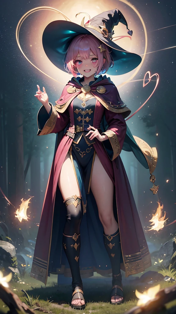 Best quality, Ultra detailed, best quality, insanely detailed, beautiful, masterpiece, 8k, 
break  
Lens Flare,night sky, Streaks of Light,refraction Glowing white lines ,Crossing Light,Shining Background, light particles
break 
Epic Battle Scene, fire balls, (Enchanted Forest:1.2),
break 
1lady, pink hair, short hair, witch hat, green hat, gold Crescent-shaped ornament, on hat, pink eyes, ultra detailed eyes, witch robe, dark blue robe, long robe, gold star-shaped ornament on the center of chest, button-up robe ,buttoned all the way up, sparkling wand, full body, portlait, (Heartily laugh:1.5),(scowl:1.1), (stare at viewer:1.5),  (embarrassed,blush:1.3),(ecstasy:1.3) ,(slut:1.2),(vulgarity:1.3),(fucked silly:1.1),(steam:1.1),(wet:0.8),(drooling:0.6),(sweat:0.8), 