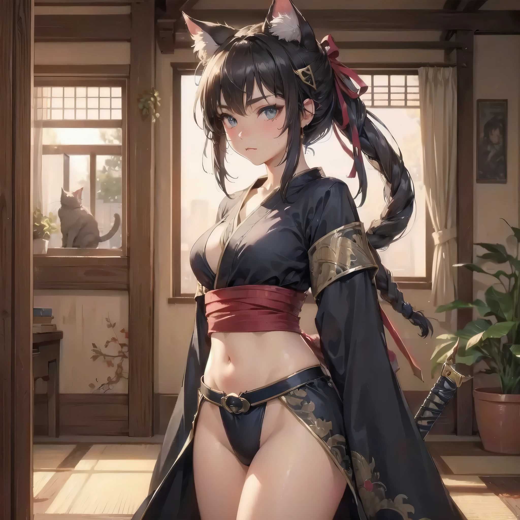  masterpiece, (textured skin), best quality, gorgeous beautiful girl, (a female 
cat ears,cat tail),ninja,detailed clothes,large breasts,narrow waist,, (beautiful face), cinematic lighting, (fantasy anime art ),