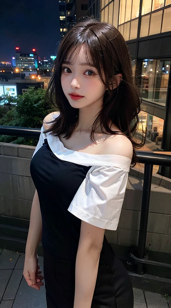 ((Midnight, Highest quality, 8K, masterpiece :1.3)), whole body, Long legs, Sharp focus :1.2, Beautiful woman with perfect figure :1.4, Slim Abs :1.1, ((Dark brown hair, Big Breasts :1.2)), (White tight T-shirt,Are standing:1.2), ((Night city view)), Highly detailed face and skin texture, Fine grain, double eyelid, sunset, Darken, Backlight, Off the shoulder