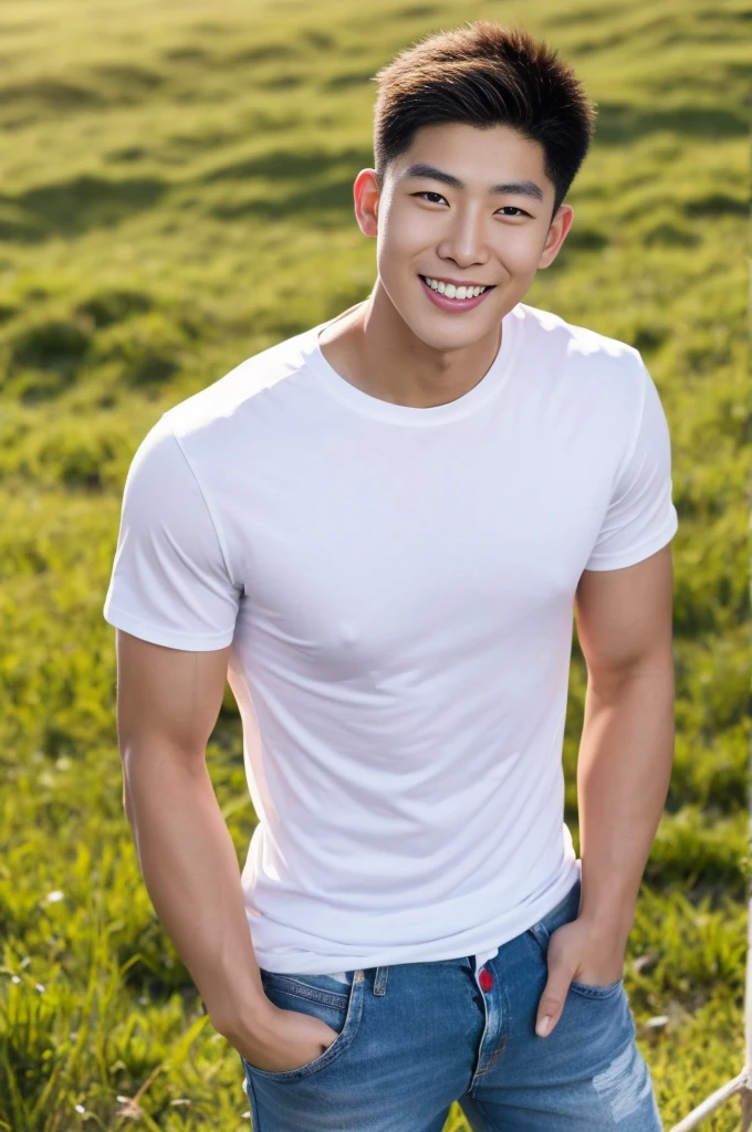 Young Korean man in a white t-shirt and jeans, A handsome, muscular young Asian man looks at the camera. In a simple t-shirt white and red , Fieldside, grass, beach, sunlight, Carrying a camera, smiling