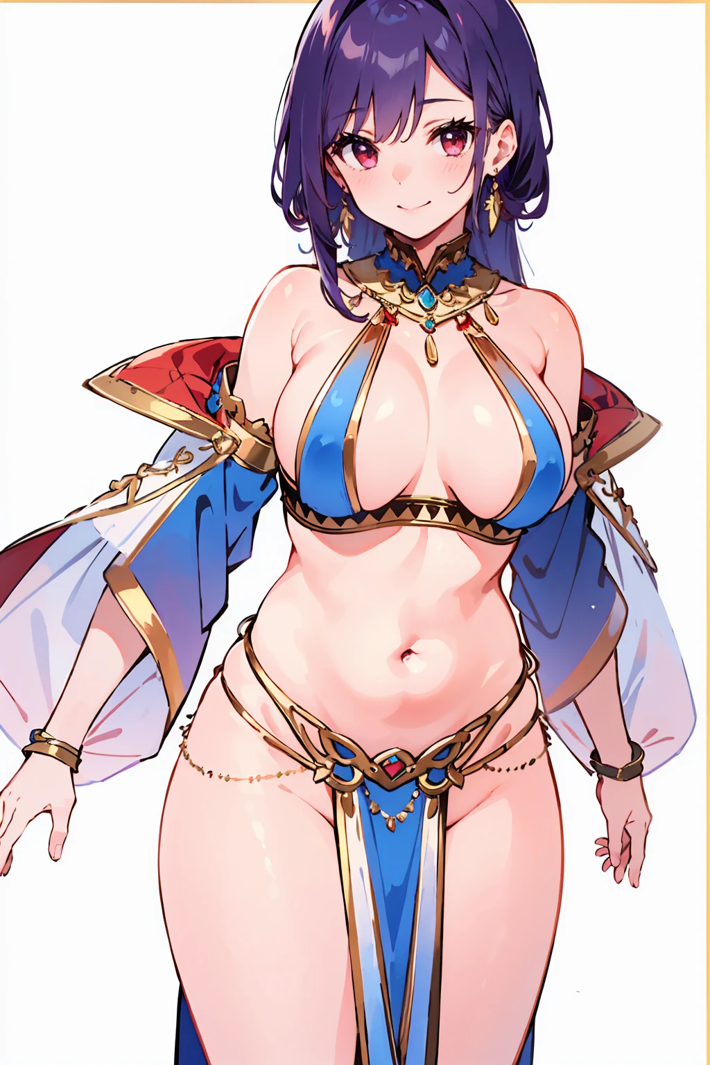 1girl, solo, white background, cowboy shot, red eyes, long hair, purple hair, navel, harem outfit, dancer, jewelry, bare shoulders, detached sleeves, pelvic curtain, large breasts, cleavage, soft stomach, closed mouth, smile, blush