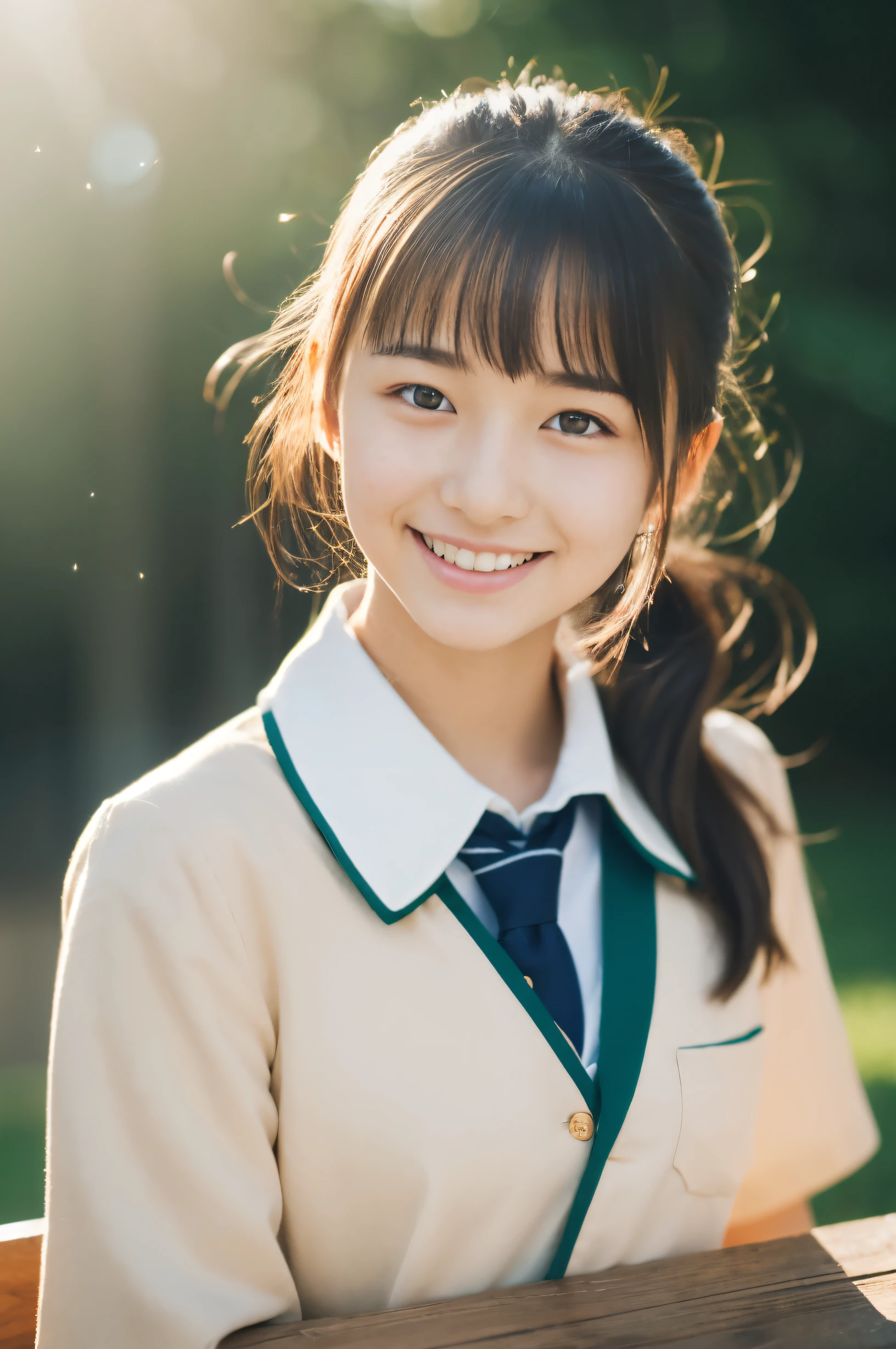 Lens: 135mm f1.8, (Highest quality),(RAW Photos), (Tabletop:1.1), (Beautiful 17 year old Japanese girl), Cute face, (Deeply chiseled face:0.7), (freckles:0.6), dappled sunlight, Dramatic lighting, (Japanese School Uniform), (Inside the school), shy, ponytail, (Close-up shot:1.2), (smile),, (Sparkling eyes)、(sunlight),