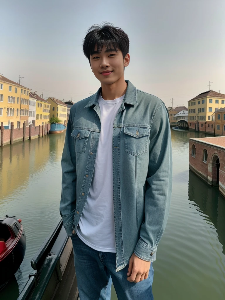 独奏: 1.5, (As a matter of fact, Masterpiece, 8k HD, good light quality, sportswear, fit the face, complicated details), A handsome Korean young man with muscular arms. , 20 years old, be happy, smile brightly, detailed face, delicate eyes, look at the sky, Wear a tight green t-shirt.:1.6 ,Wear a denim coat., jeans period, black eyes, Black hair color, ผมsmooth, smooth，Surreal，Awesome details，Highest quality，real，Open your mouth to talk. , Close your eyes., (Standing beside the canal bridge:1.5)