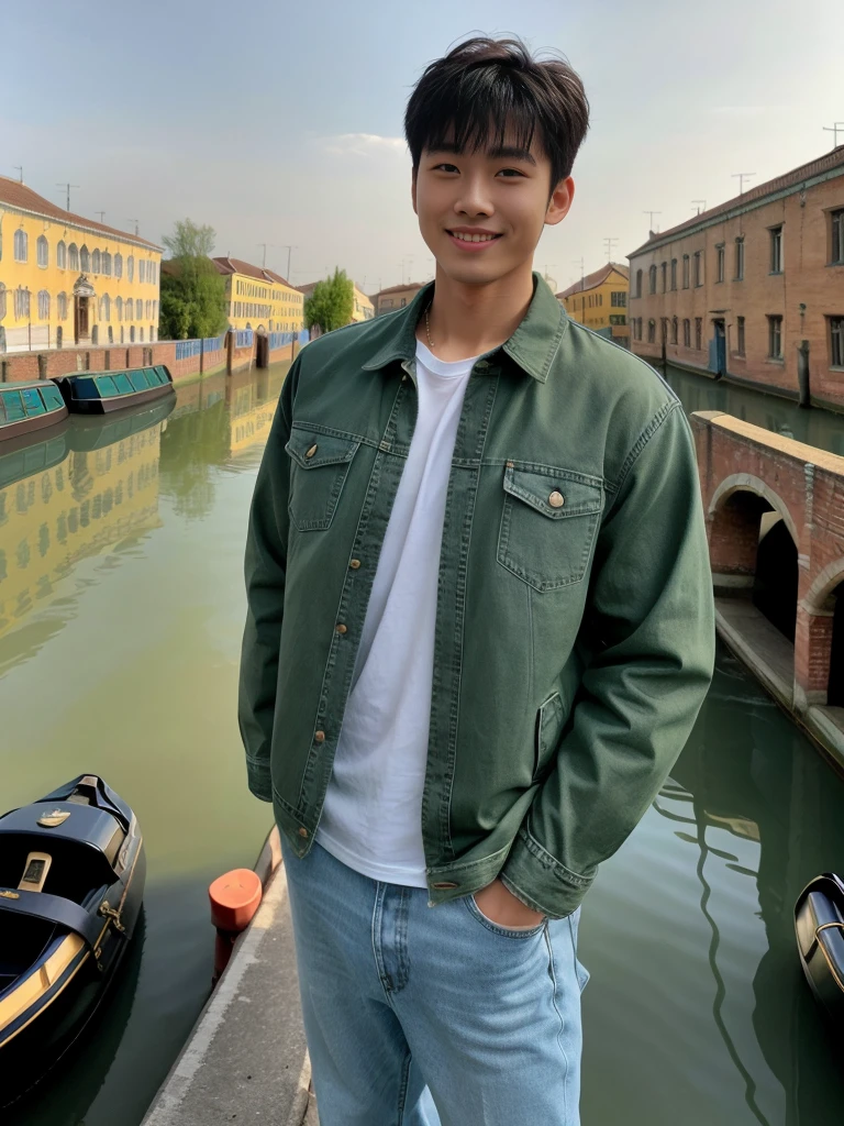 独奏: 1.5, (As a matter of fact, Masterpiece, 8k HD, good light quality, sportswear, fit the face, complicated details), A handsome Korean young man with muscular arms. , 20 years old, be happy, smile brightly, detailed face, delicate eyes, look at the sky, Wear a tight green t-shirt.:1.6 ,Wear a denim coat., jeans period, black eyes, Black hair color, ผมsmooth, smooth，Surreal，Awesome details，Highest quality，real，Open your mouth to talk. , Close your eyes., (Standing beside the canal bridge:1.5)