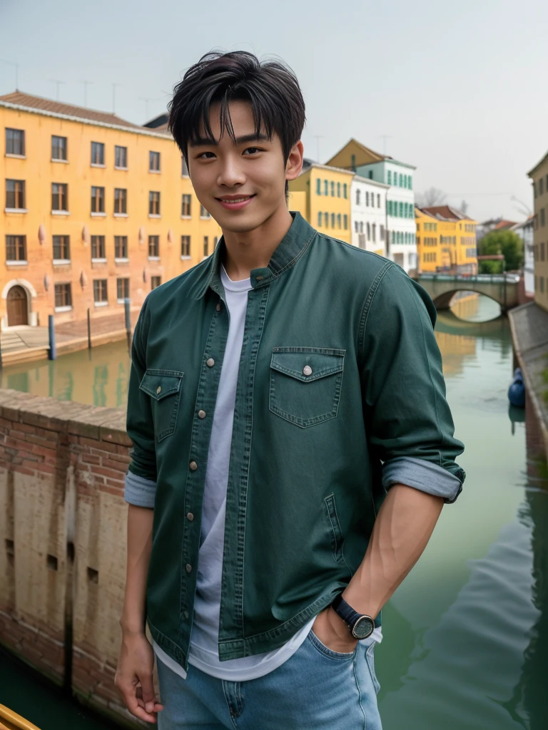 独奏: 1.5, (As a matter of fact, Masterpiece, 8k HD, good light quality, sportswear, fit the face, complicated details), A handsome Korean young man with muscular arms. , 20 years old, be happy, smile brightly, detailed face, delicate eyes, look at the sky, Wear a tight green t-shirt.:1.6 ,Wear a denim coat., jeans period, black eyes, Black hair color, ผมsmooth, smooth,Surreal,Awesome details,Highest quality,real,Open your mouth to talk. , Close your eyes., (Standing beside the canal bridge:1.5)