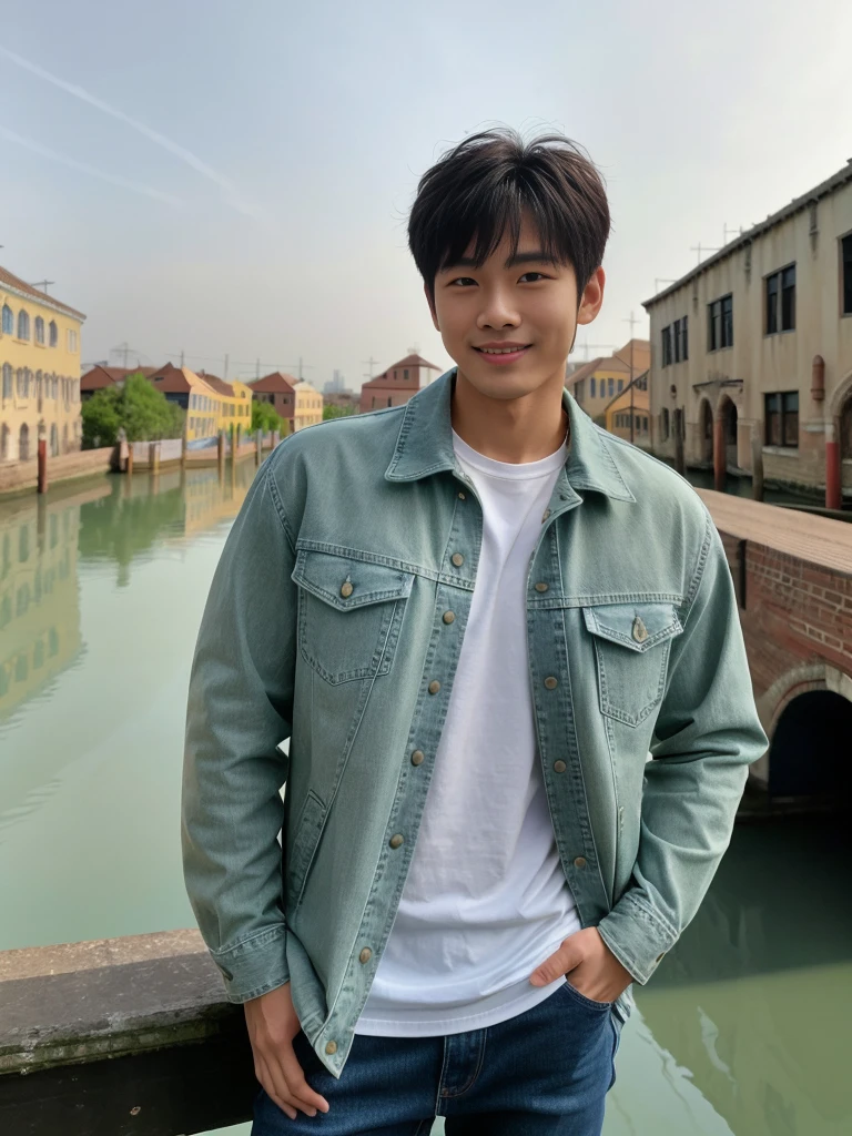 独奏: 1.5, (As a matter of fact, Masterpiece, 8k HD, good light quality, sportswear, fit the face, complicated details), A handsome Korean young man with muscular arms. , 20 years old, be happy, smile brightly, detailed face, delicate eyes, look at the sky, Wear a tight green t-shirt.:1.6 ,Wear a denim coat., jeans period, black eyes, Black hair color, ผมsmooth, smooth，Surreal，Awesome details，Highest quality，real，Open your mouth to talk. , Close your eyes., (Standing beside the canal bridge:1.5)