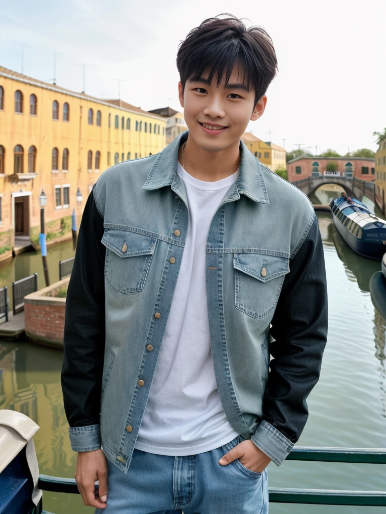 独奏: 1.5, (As a matter of fact, Masterpiece, 8k HD, good light quality, sportswear, fit the face, complicated details), A handsome Korean young man with muscular arms. , 20 years old, be happy, smile brightly, detailed face, delicate eyes, look at the sky, Wear a tight green t-shirt.:1.6 ,Wear a denim coat., jeans period, black eyes, Black hair color, ผมsmooth, smooth，Surreal，Awesome details，Highest quality，real，Open your mouth to talk. , Close your eyes., (Standing beside the canal bridge:1.5)