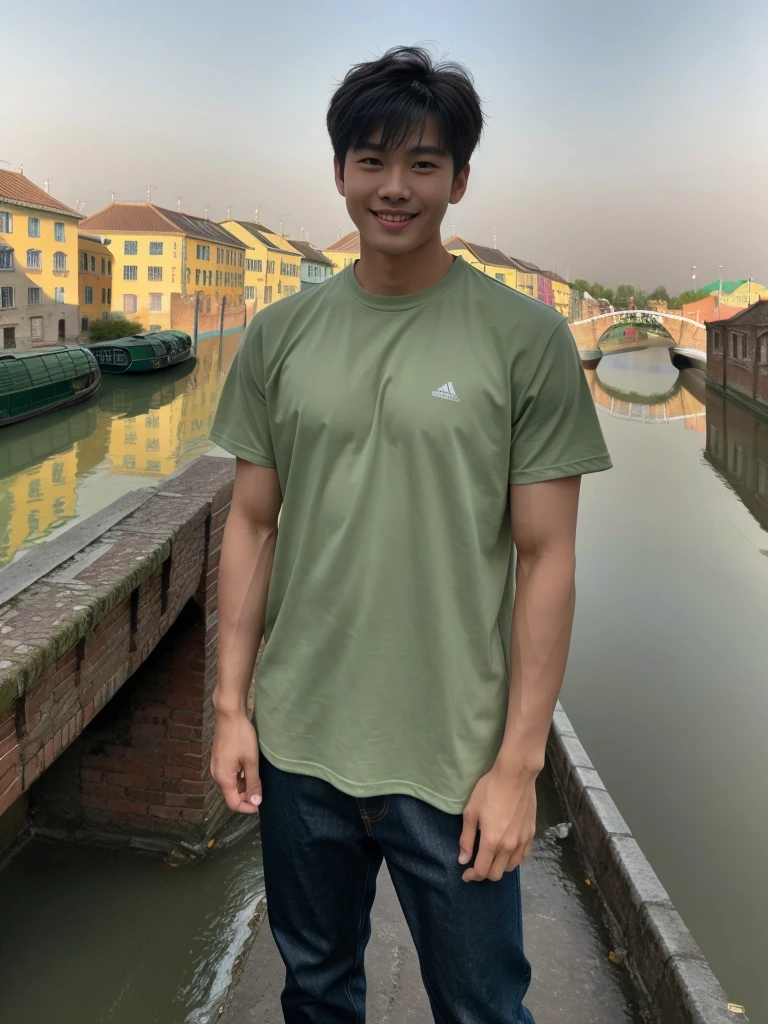 独奏: 1.5, (As a matter of fact, Masterpiece, 8k HD, good light quality, sportswear, fit the face, complicated details), A handsome Korean young man with muscular arms. , 20 years old, be happy, smile brightly, detailed face, delicate eyes, look at the sky, Wear a tight green t-shirt.:1.6 ,Wear a denim coat., jeans period, black eyes, Black hair color, ผมsmooth, smooth,Surreal,Awesome details,Highest quality,real,Open your mouth to talk. , Close your eyes., (Standing beside the canal bridge:1.5)