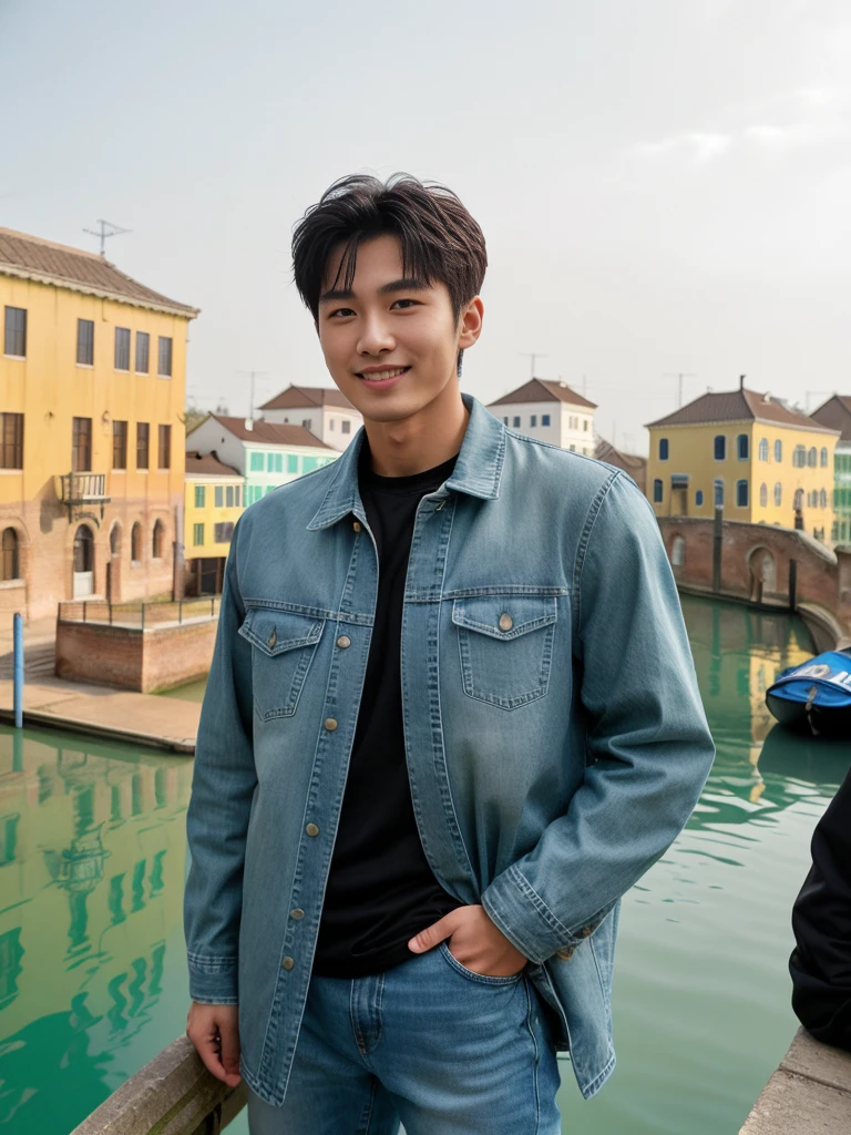 独奏: 1.5, (As a matter of fact, Masterpiece, 8k HD, good light quality, sportswear, fit the face, complicated details), A handsome Korean young man with muscular arms. , 20 years old, be happy, smile brightly, detailed face, delicate eyes, look at the sky, Wear a tight green t-shirt.:1.6 ,Wear a denim coat., jeans period, black eyes, Black hair color, ผมsmooth, smooth,Surreal,Awesome details,Highest quality,real,Open your mouth to talk. , Close your eyes., (Standing beside the canal bridge:1.5)