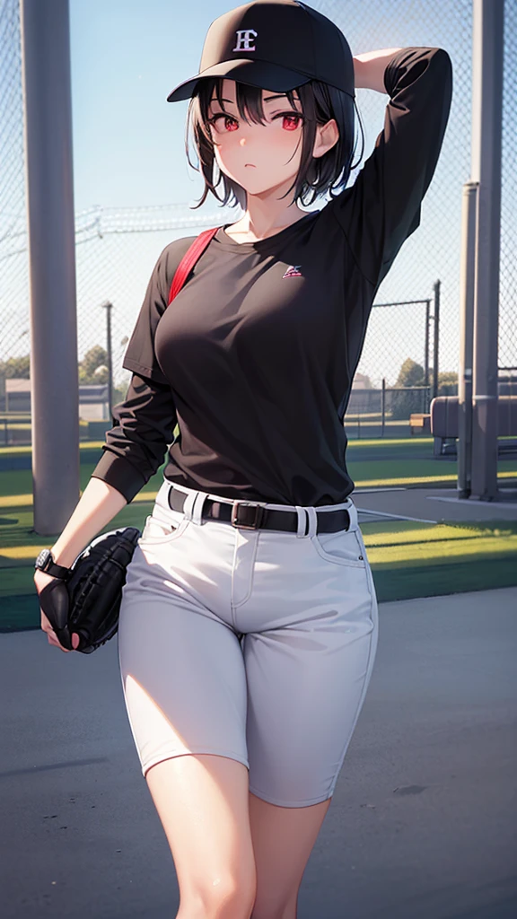 ( Absurd , high quality , Super detailed, Watch your hands )Black short hair,Red eyes,Small breasts,Baseball uniform,Black baseball cap,holding a baseball in the right hand,Wear a baseball glove on your left hand,Long sleeve,White trousers,One Girl,Age: Elementary school student,Baseball Ground,Serious face,Black socks