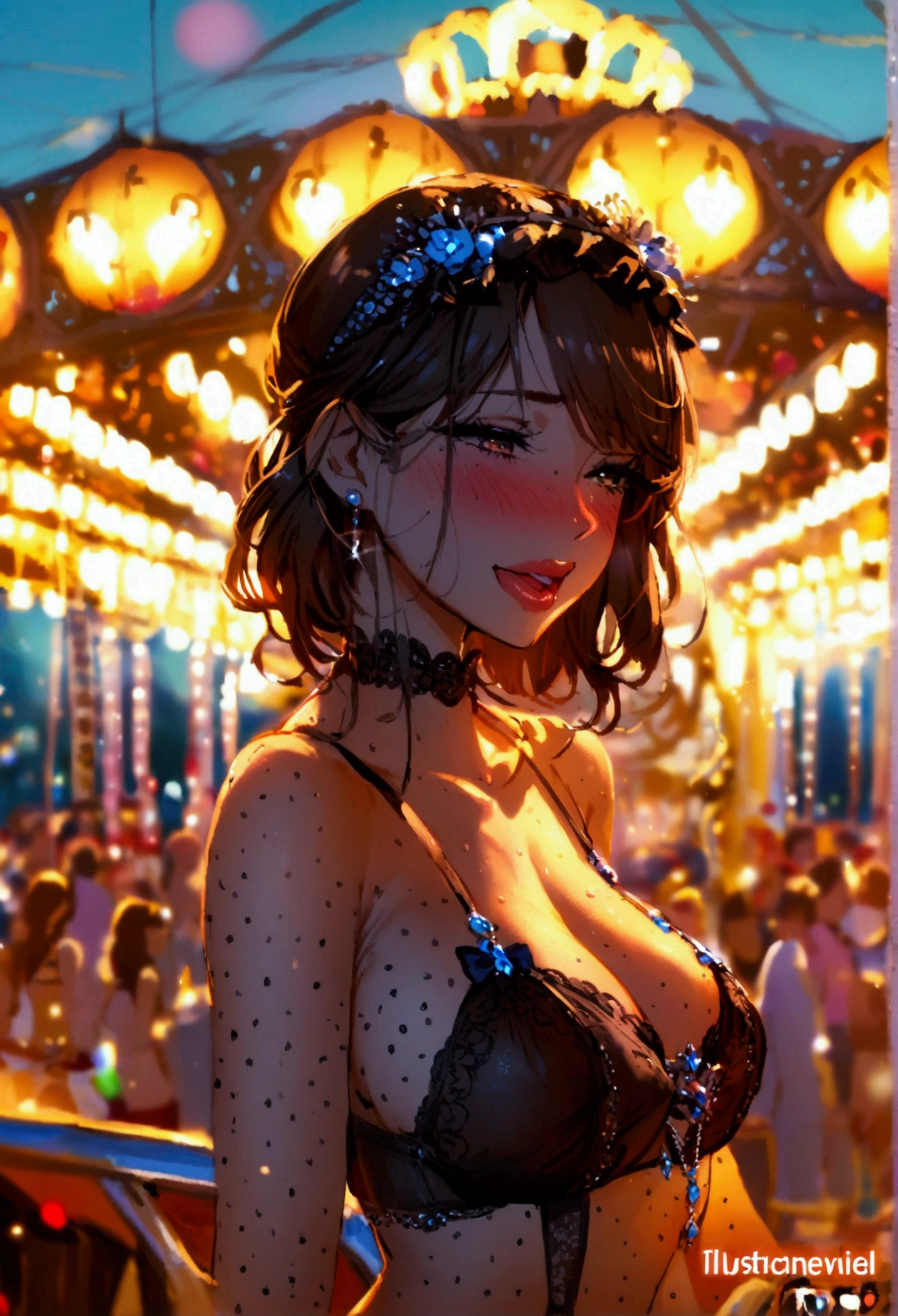 A girl with huge breasts masturbates while blushing in a garter belt on a Ferris wheel