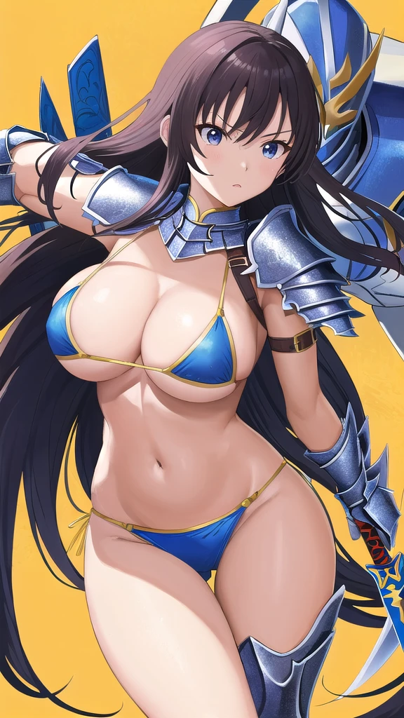 Cartoon character with sword, Art inspired by Masamune Shirow, Armor Girl, Bikini Armor, Bikini Armor, Bikini Armor female knight, Bikini Armor, tits, Knight Girl, tits、Intense battle scenes,topless, White thighs,Vertical belly button、Skin radiance