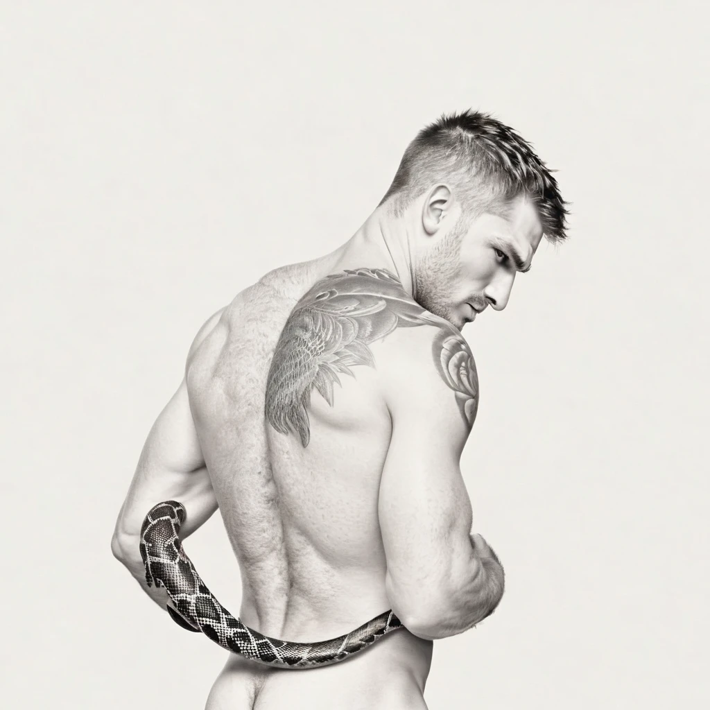 male torso, shirtless, muscular, arms crossed, facing down, snake tails on head, photorealistic 