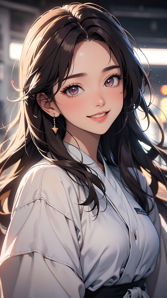 brown hair, hair behind ear, hair over shoulder, longeyelashes, pupils sparkling, grin, blush, fingersmile, Surrealism, depth of field, cinematic lighting, first-person view, uhd, super detail, best quality, highres,whole body