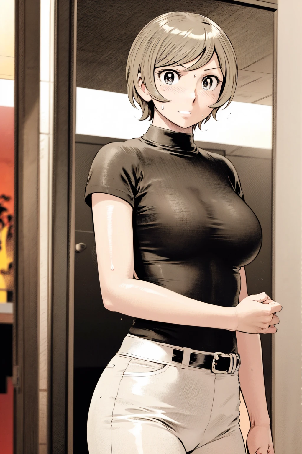 、(masterpiece、Highest quality)、Highest quality, Ultra-high resolution, (((masterpiece))), alone, Sweat、Big eyes,Tight black shirt、Tight white pants、belt、indoor、Composition from the front、(Cut the back hair short、short hair、blonde、woman)、Shortcuts、Embarrassed face、Cut your hair short、可愛いwomanの子、Big Breasts、office