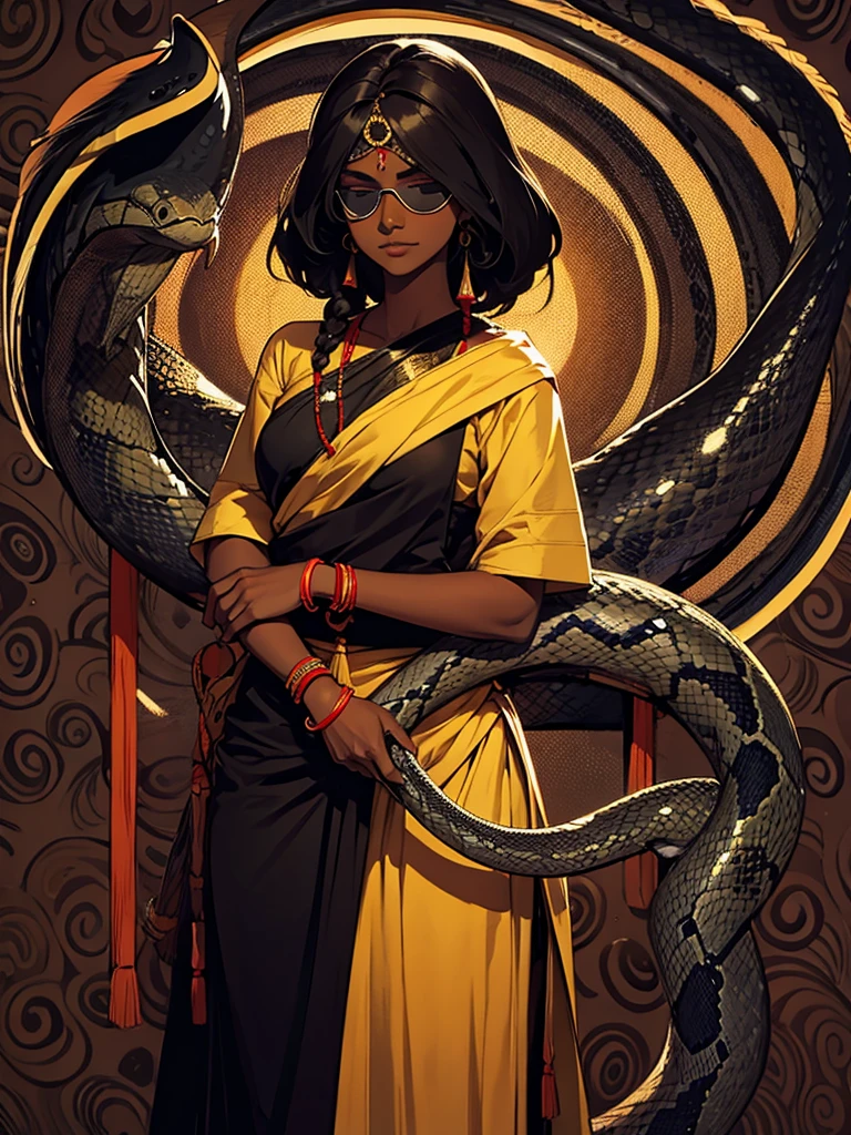 Dark skinned Indian girl , blind folded, snake background 