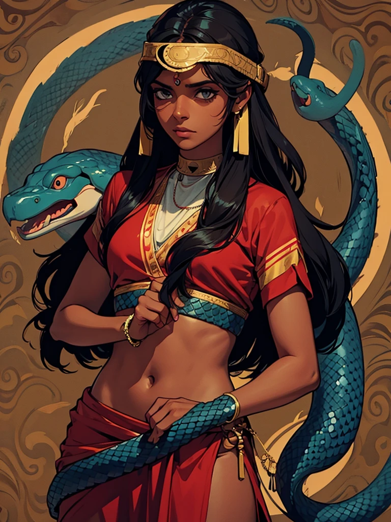 Dark skinned Indian girl , blind folded, snake background 