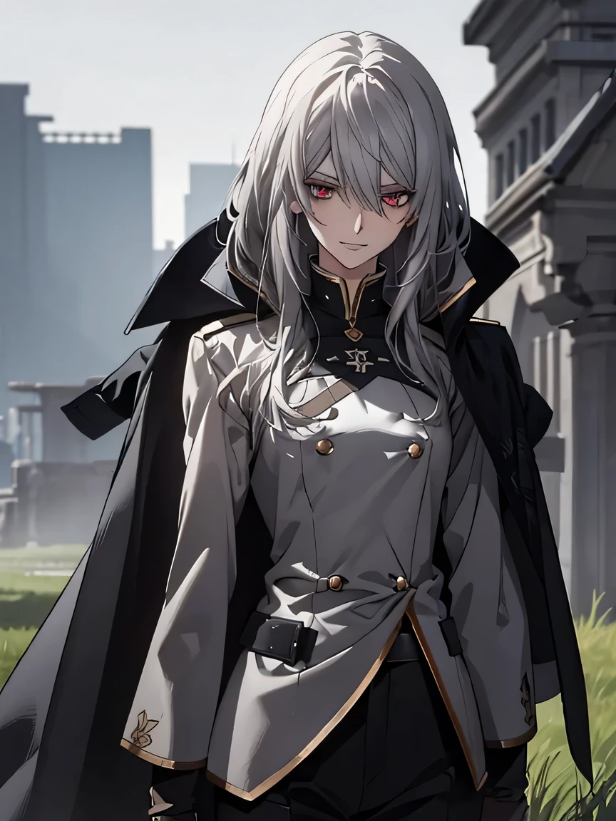 (Confused, High resolution, Very detailed), 1 female, Silver Hair,Long Hair,Crimson Eyes,Blue and black military uniform,24th generation,beauty,mature,thin,quiet,Calm,A small smile,Long Cape,Slender and thin,,skinny pants,grassland,Small breasts,