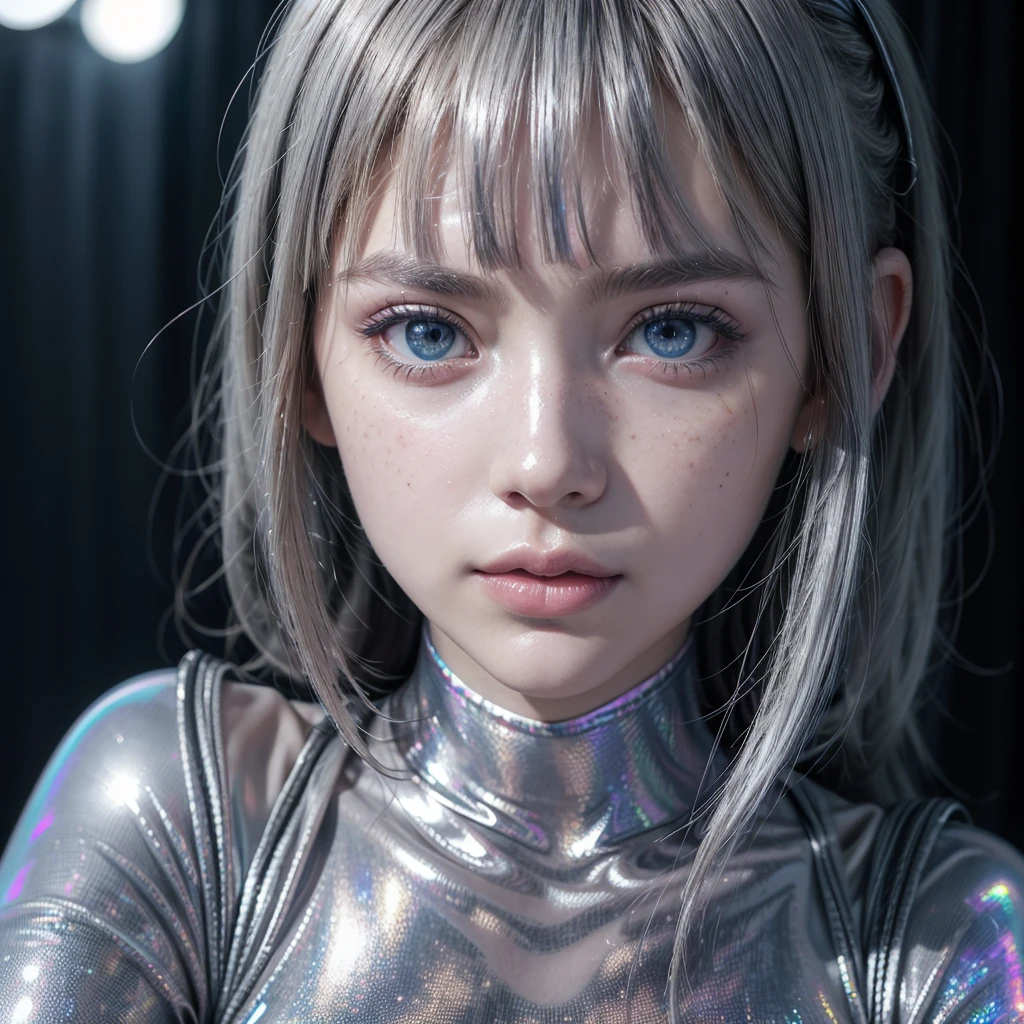 Food photography style Hyperrealistic portrait of artistic photography of (Lydia Graham), (light silver holographic latex leotard:1.4), gorgeous blue eyes, Cao Cao, (with extremely detailed skin and round eyes with extremely detailed pupils and irises and parted lips), fashion pose, bangss, look back, some freckles, really short hair, incredibily detailed, 3 viewing frames, pr0f3ss10n4l, h0l0