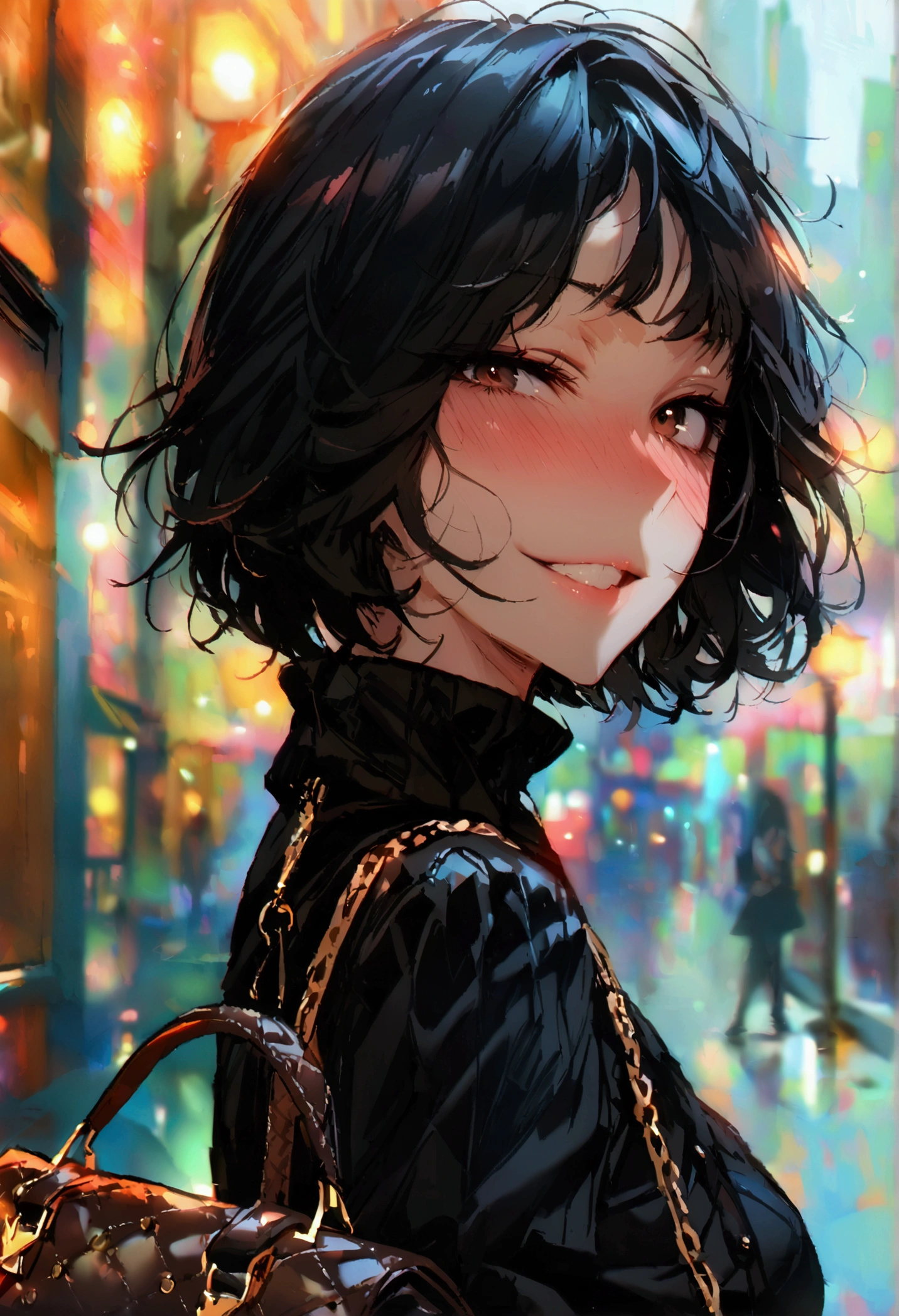masterpiece, best quality 1girl, solo, beautiful woman, bangs, black hair, short hair, bob cut, dark brown eyes, deep blush, grin, medium breasts, black turtle neck sweeter, short black skirt, plated skirt, louis vuitton handbag, arms crossed under her breasts, looking at viewer street background