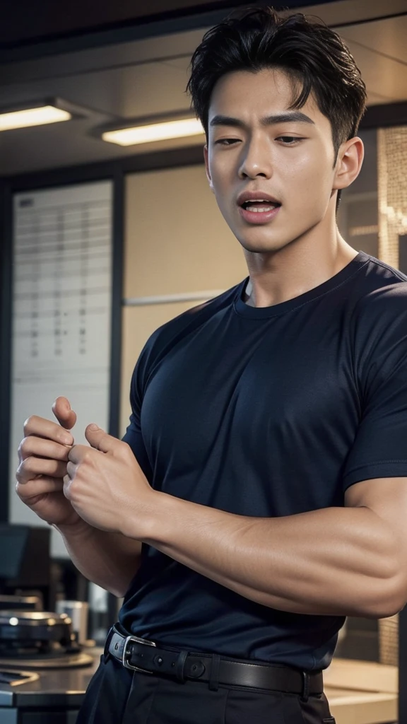 (Create a masterpiece: 1.2),(CGI art:1.3),(realistic:1.5),(After processing:1.3), (Sharp focus:1.3), 1 man, open mouth, smile, (Navy blue round neck t-shirt:1.3), Navy cargo pants, Korean guy , korean men, (High gloss details), chest muscles, large arm muscles, blood vessel, Big muscles, Broad shoulders, looking at the audience, Balancing the eyes, bedroom, Close your eyes.,(open mouth:1.1)