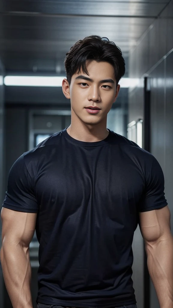 (Create a masterpiece: 1.2),(CGI art:1.3),(realistic:1.5),(After processing:1.3), (Sharp focus:1.3), 1 man, open mouth, smile, (Navy blue round neck t-shirt:1.3), Navy cargo pants, Korean guy , korean men, (High gloss details), chest muscles, large arm muscles, blood vessel, Big muscles, Broad shoulders, looking at the audience, Balancing the eyes, bedroom, Close your eyes.,(open mouth:1.1)