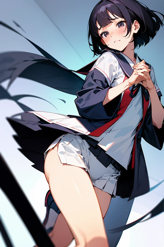 Best image quality, Japanese Classroom, White underwear, uniform, Flip up your skirt with both hands, Embarrassed face, solo, woman, Black Hair, Bob Hair