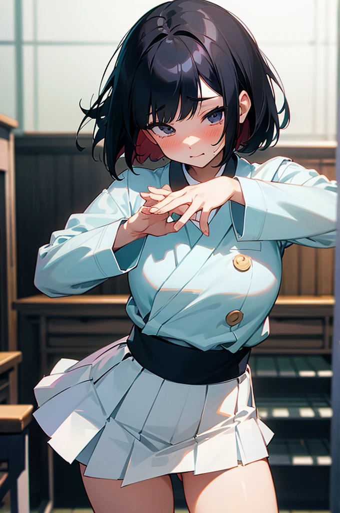 Best image quality, Japanese Classroom, White underwear, uniform, Flip up your skirt with both hands, Embarrassed face, solo, woman, Black Hair, Bob Hair