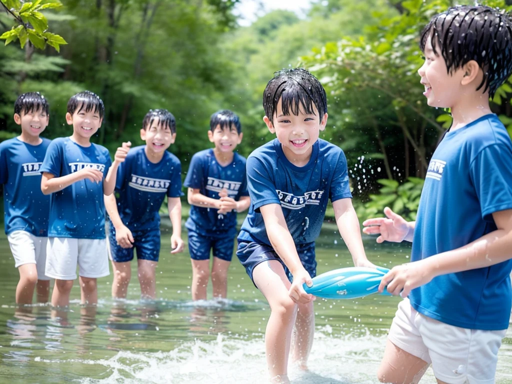 In the forest、Swimming in the river、Cool and refreshing water、e eleYear old boy、Boy in gym clothes、The bottom of the white T-shirt is blue、Blue shorts、The boys are playing、Get wet all over、Noisy boys、Splashing Water、Japanese、（Boy 1.4）