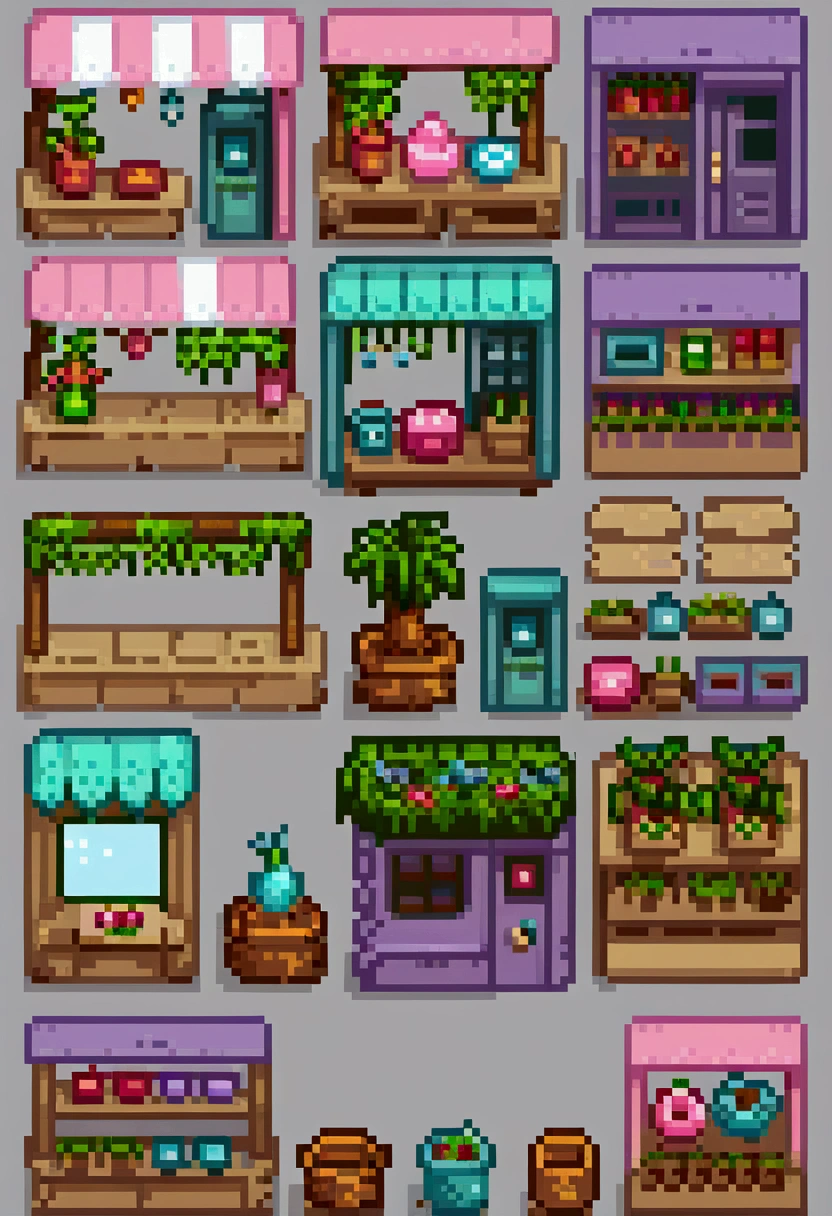 Pixel art for fantasy streets, Lovely shops everywhere，Such as a florist, baker shop, and more. Use a single pallet. Each shop is decorated in light colors.   The streets are full of cute fantasy creatures, Like elves, unicorns, And talking animals, Wander around — created using Pixlr or Aseprite software, Use light green/Pink/Blue palette—C 10