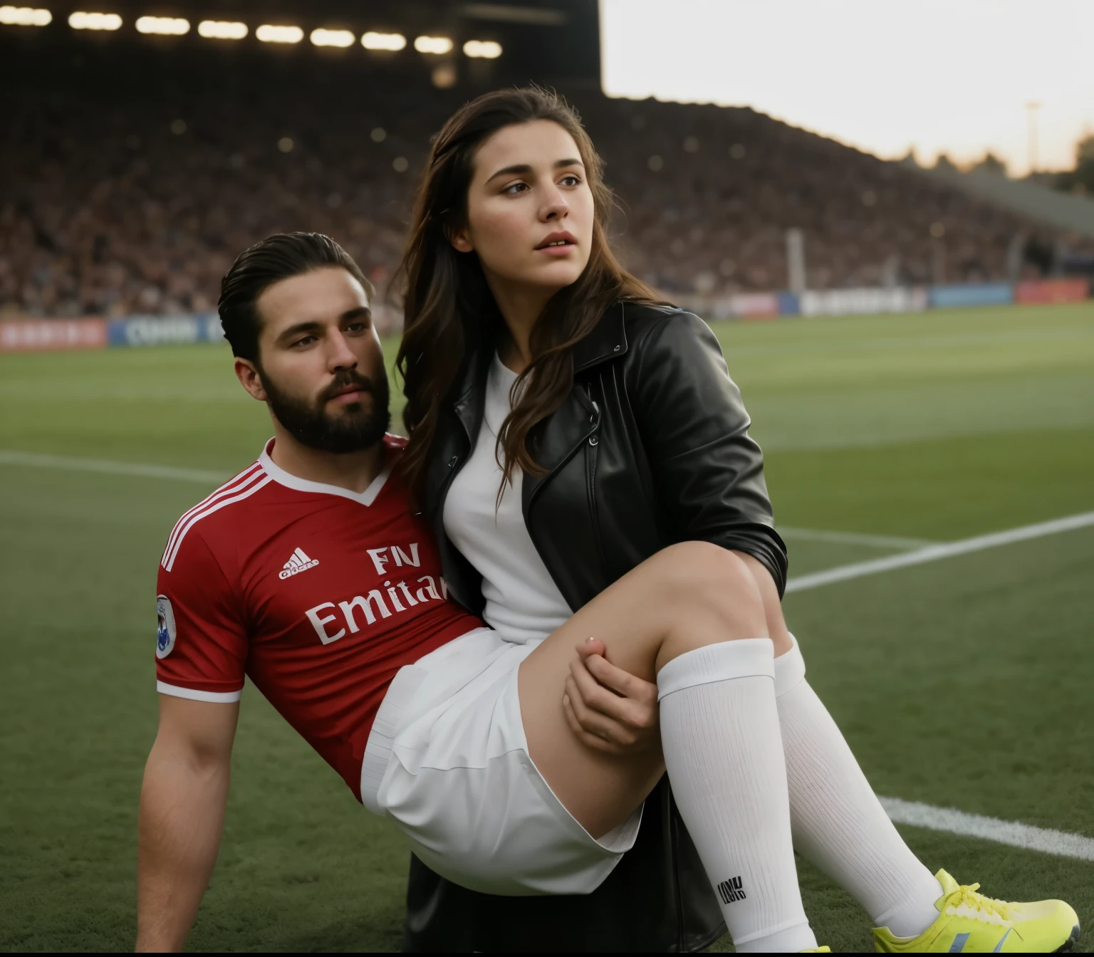 a passed out bearded man is being carried, a fainted bearded man is carried by a girl, a consciousless bearded man gets carried by a woman, , a woman and a bearded man, Andrea carries the wounded man's body in her hands, Andrea grabs his legs and his body with her hands, the bearded man in Andrea's arms is visibly in pain, stadium atmosphere, the bearded man is lying consciousless in Andrea's arms with one arm hanging down, A scene at a soccer stadium, a bearded man lying in a caring women's arms, lying helpless in her arms with his head dangling down, he has one arm dangling down while being carried in the women's arms, There is an attractive and heavily made-up woman in a long black leather coat, A pretty woman in a shiny black leather coat on a soccer field, A wonderful woman is holding a passed out man, A man in matt and roughened sportswear is held diagonal in her arms, a man in a woman's arms and lets one arm dangling down, we see the man held in front of the woman's body, the man is cradled in the woman's arm while being carried, the beautiful woman is exceptionally heavily made up and has an extremely desperate and very angry expression on her face, high-resolution photo, realistic sports photo, soccer scene, woman in black shiny long leather coat, injury scene, real photo, ultra realistic, high definition, sports photography