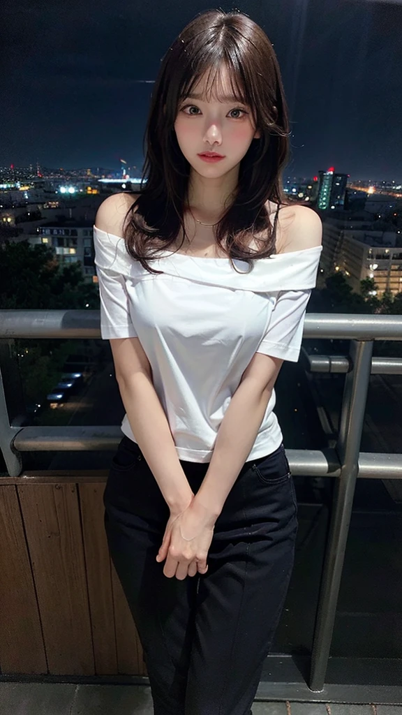 ((Midnight, Highest quality, 8K, masterpiece :1.3)), whole body, Long legs, Sharp focus :1.2, Beautiful woman with perfect figure :1.4, Slim Abs :1.1, ((Dark brown hair, Big Breasts :1.2)), (White tight T-shirt, Are standing:1.2), ((Night city view)), Highly detailed face and skin texture, Fine grain, double eyelid, sunset, Darken, Backlight, Off the shoulder