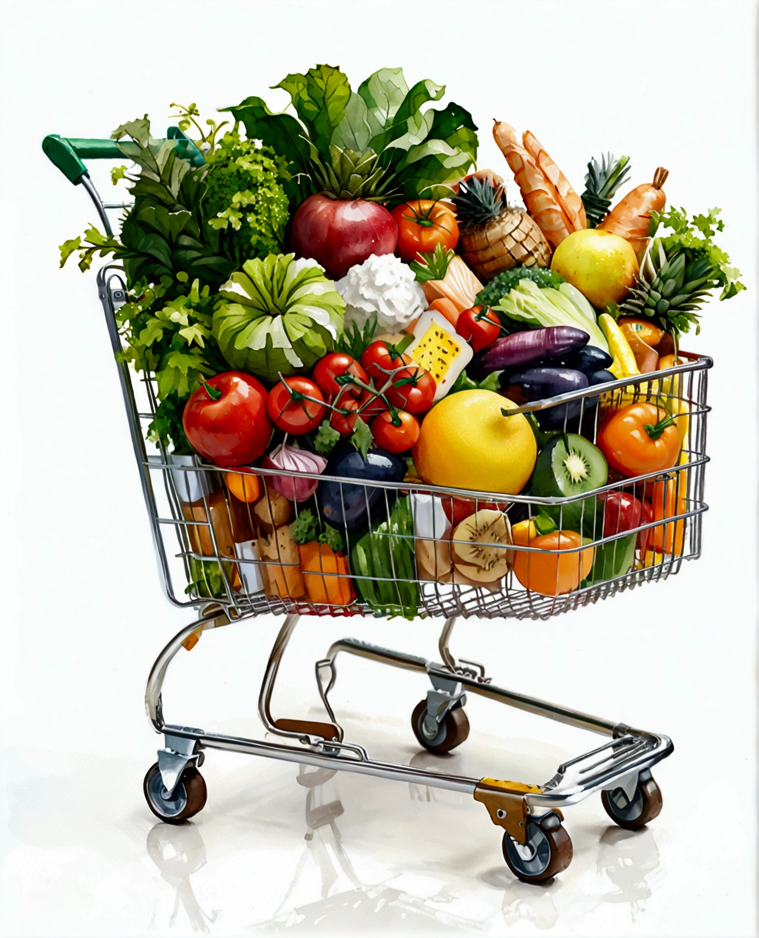 shopping trolley with a lot healthy food, illustration, isolated with solid white background, surrounded with negative space, centered composition, 8k, highest detailed painting, very precise painting, Isolated, clear solid white background, perspective angle of view, cartoon style, ((watercolor:1)), clip art, (lora:add-detail-xl:1), (masterpiece), (best quality),