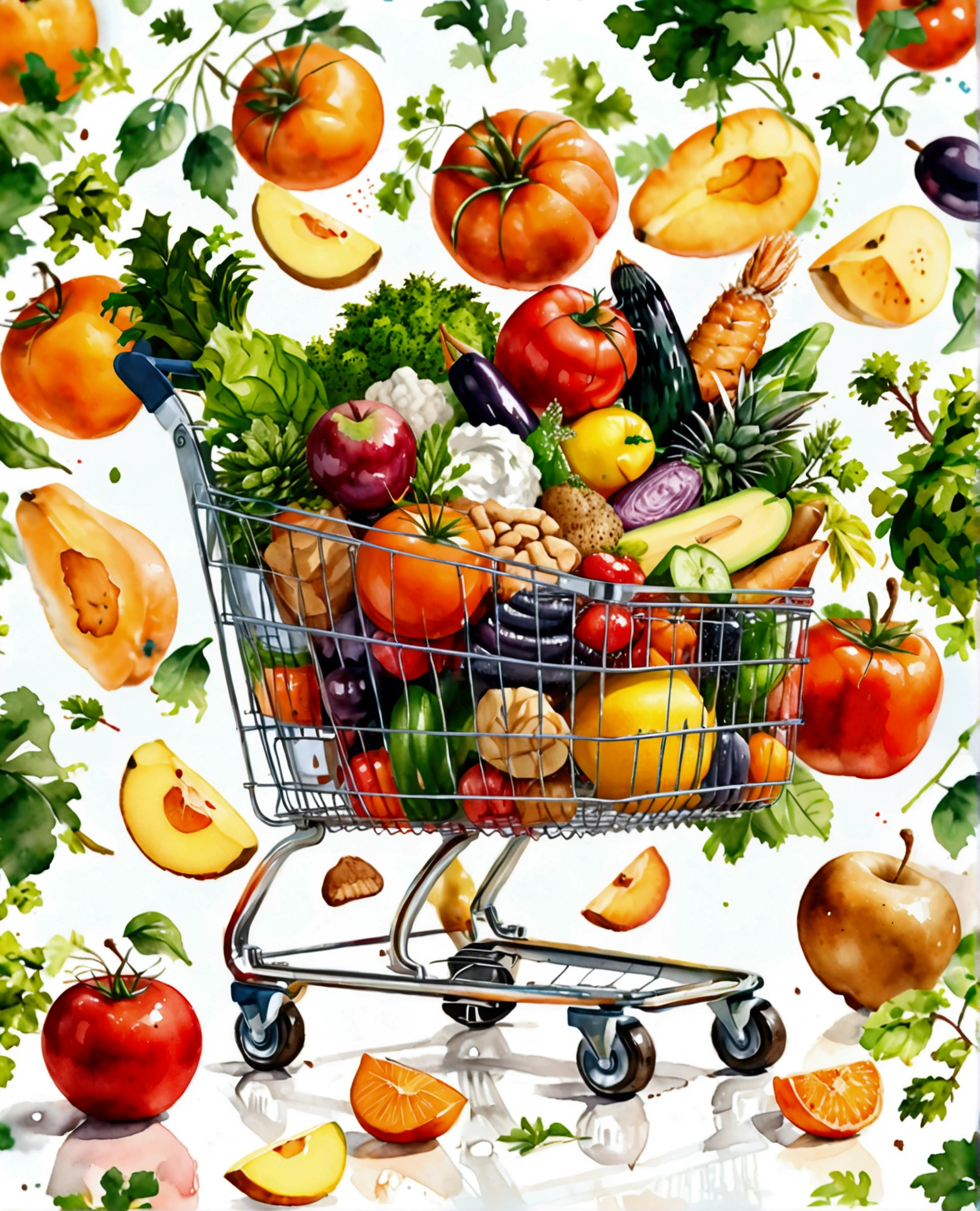 shopping trolley with a lot healthy food, illustration, isolated with solid white background, surrounded with negative space, centered composition, 8k, highest detailed painting, very precise painting, Isolated, clear solid white background, perspective angle of view, cartoon style, ((watercolor:1)), clip art, (lora:add-detail-xl:1), (masterpiece), (best quality),